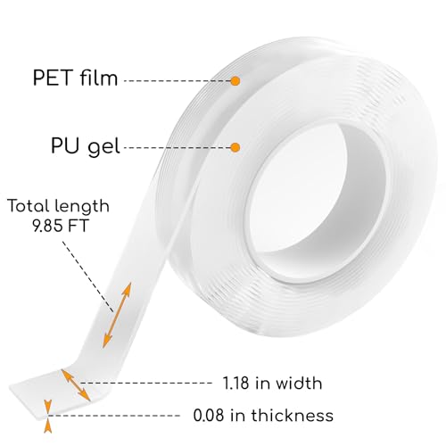 GLUIT Premium Double Sided Tape Heavy Duty 17.5 lbs Reusable Adhesive Removable Washable Multipurpose Mounting Tape Gel Grip Tape Carpet Tape for Home Office Kitchen Car Poster