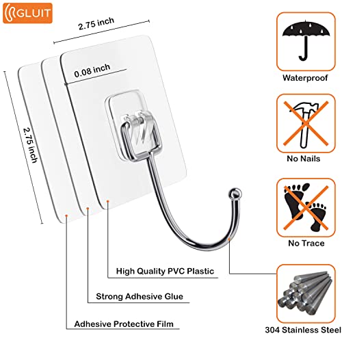 GLUIT Adhesive Hooks Heavy Duty 22 lbs Robe Towel Hooks Waterproof Adhesive Wall Hooks for Home Bathroom Kitchen Office and Outdoor