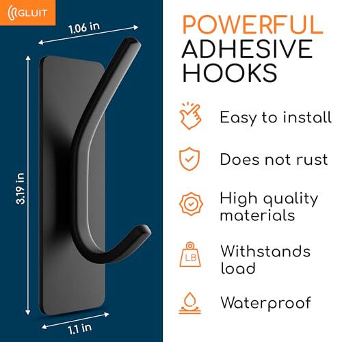 GLUIT Adhesive Towel Hooks for Bathroom Wall Hooks for Hanging Heavy Duty for Door Coat Rack Sticky Hanger Holder Durable Stainless Steel Black