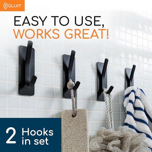 GLUIT Adhesive Towel Hooks for Bathroom Wall Hooks for Hanging Heavy Duty for Door Coat Rack Sticky Hanger Holder Durable Stainless Steel Black