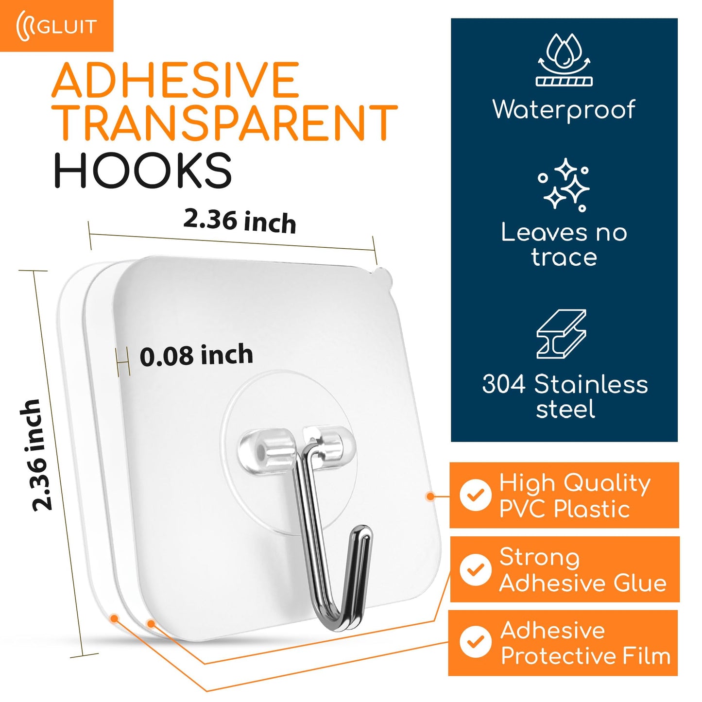 GLUIT Adhesive Hooks Heavy Duty 22 lbs Robe Towel Hooks Waterproof Adhesive Wall Hooks for Home Bathroom Kitchen Office and Outdoor