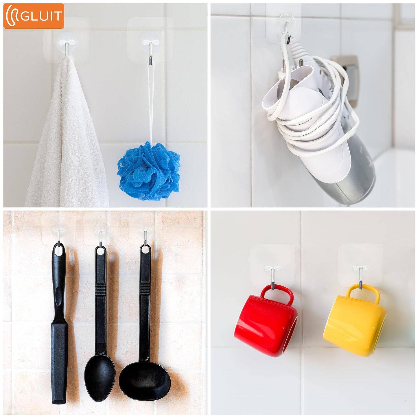 GLUIT Adhesive Hooks Heavy Duty 22 lbs Robe Towel Hooks Waterproof Adhesive Wall Hooks for Home Bathroom Kitchen Office and Outdoor